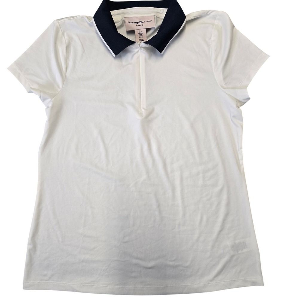 Tommy Bahama Golf Polo Shirt Womens Med White Navy Collar Short Sleeve Stretch